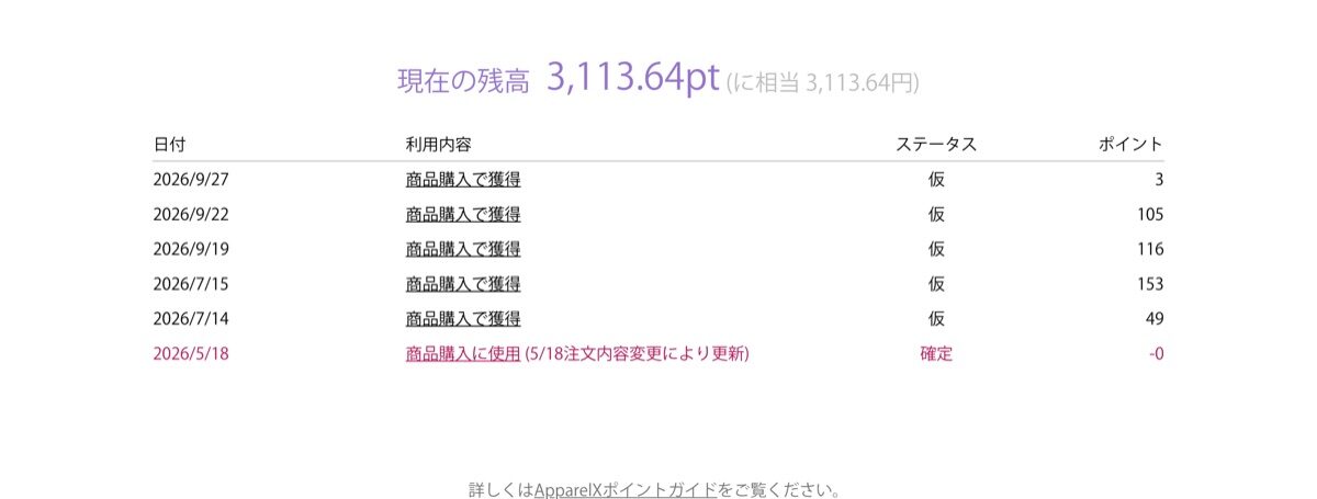 ApparelXポイントの画面の残高と履歴
