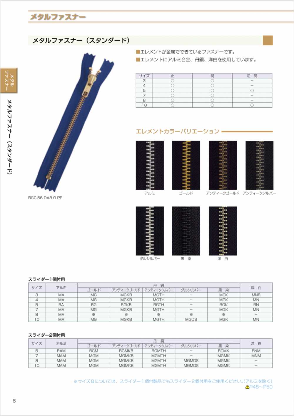 10MAOR メタルファスナー 10サイズ アルミ オープン YKK