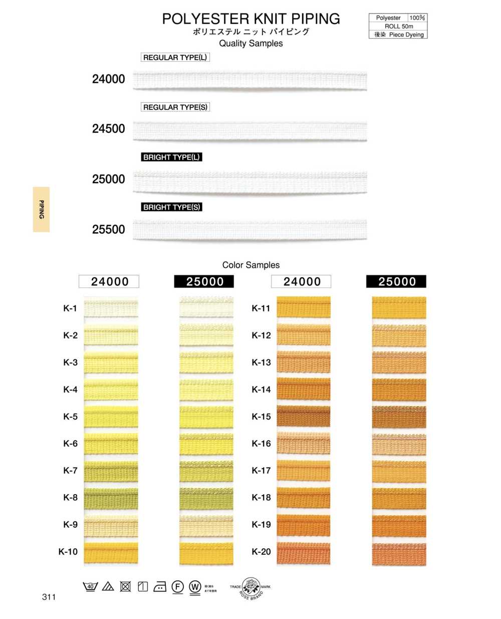 24500 ポリエステル ニット パイピング[リボン・テープ・コード] ROSE BRAND(丸進)