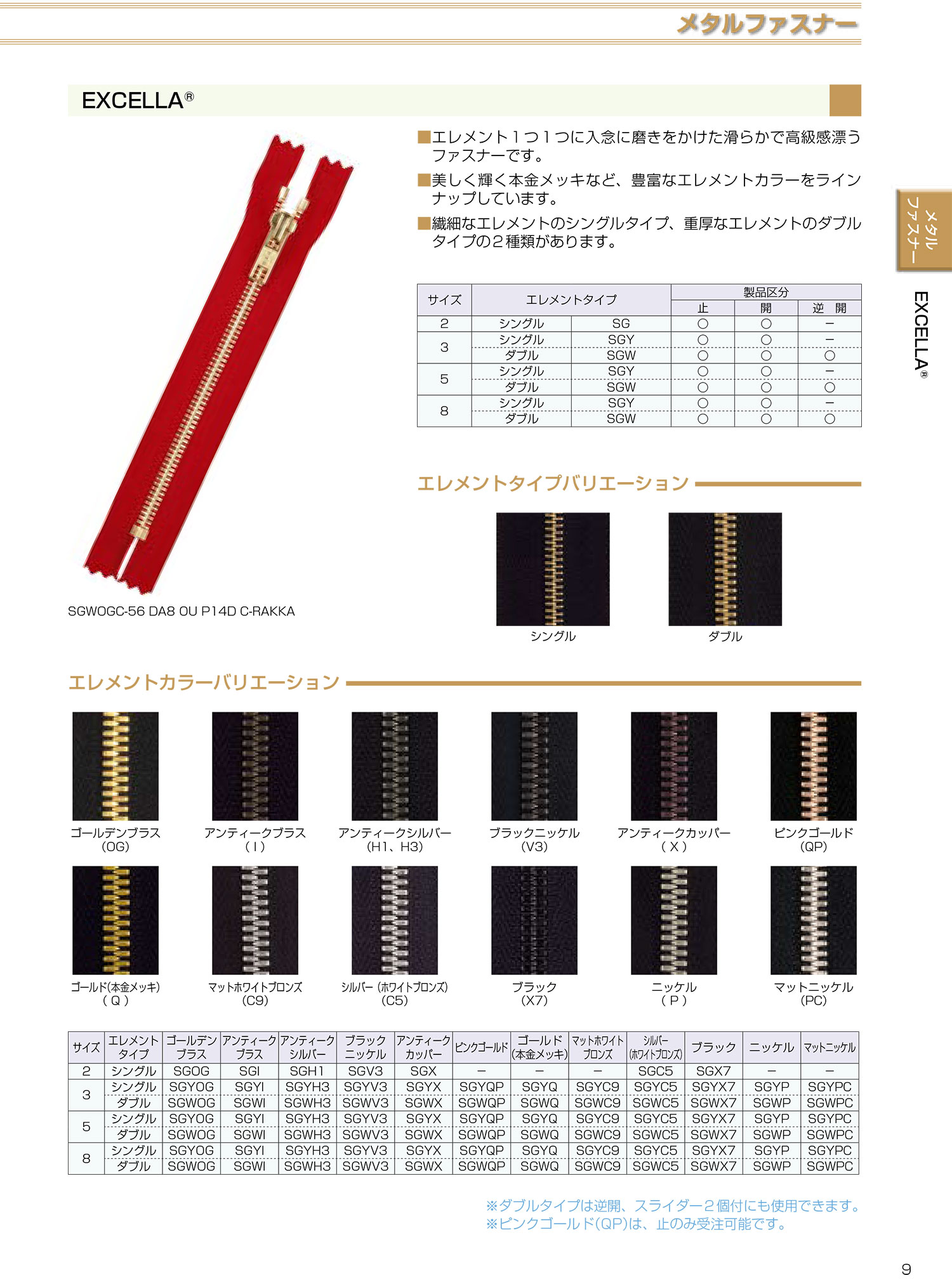 2SGC5OR EXCELLA® ファスナー 2サイズ シルバー(ホワイトブロンズ) オープン シングル YKK