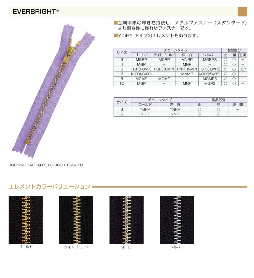 3MNPOR EVERBRIGHT® ファスナー 3サイズ 洋白 オープン YKK