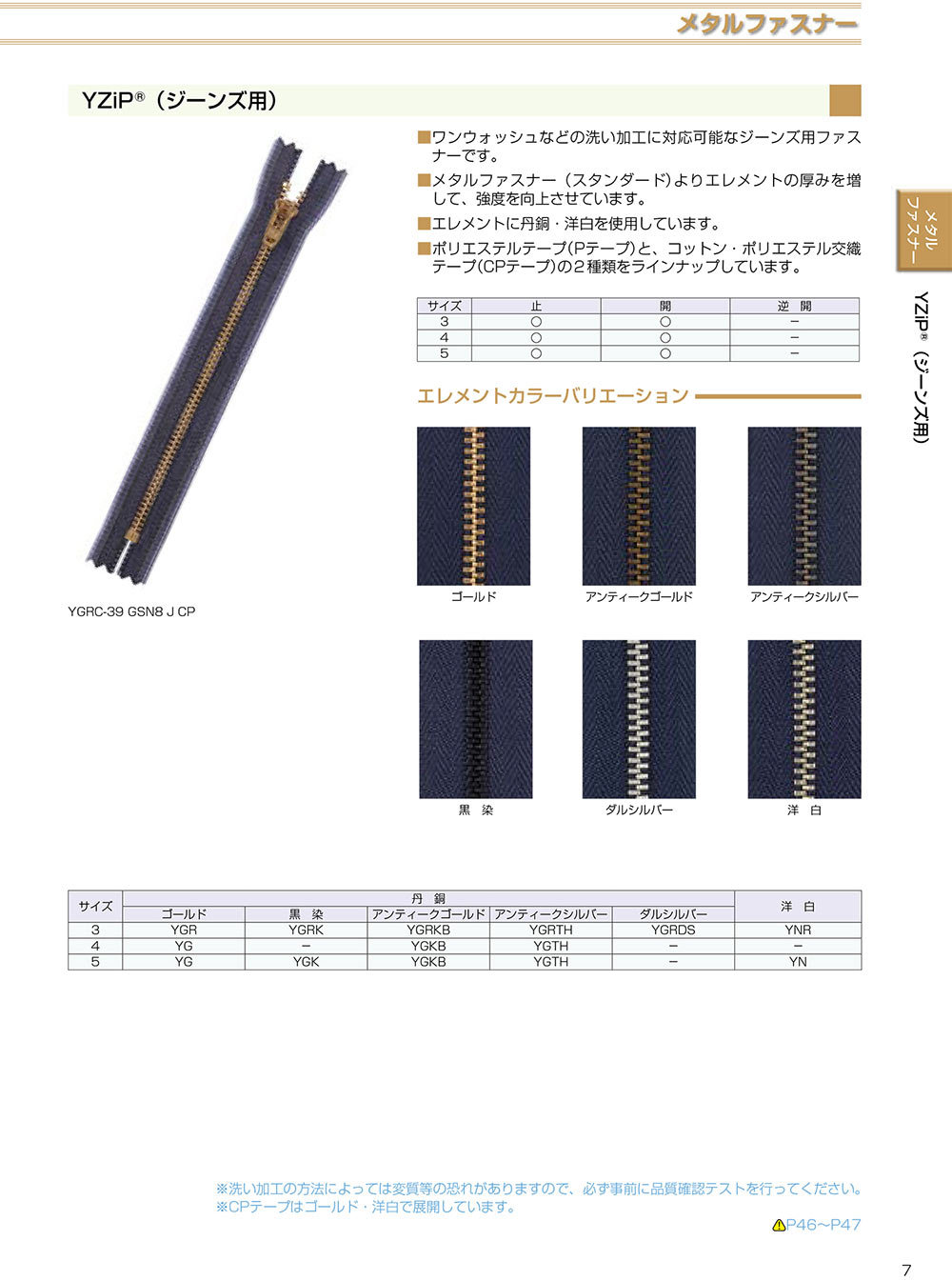 3YGROR YZiP® ファスナー (ジーンズ用) 3サイズ ゴールド オープン YKK