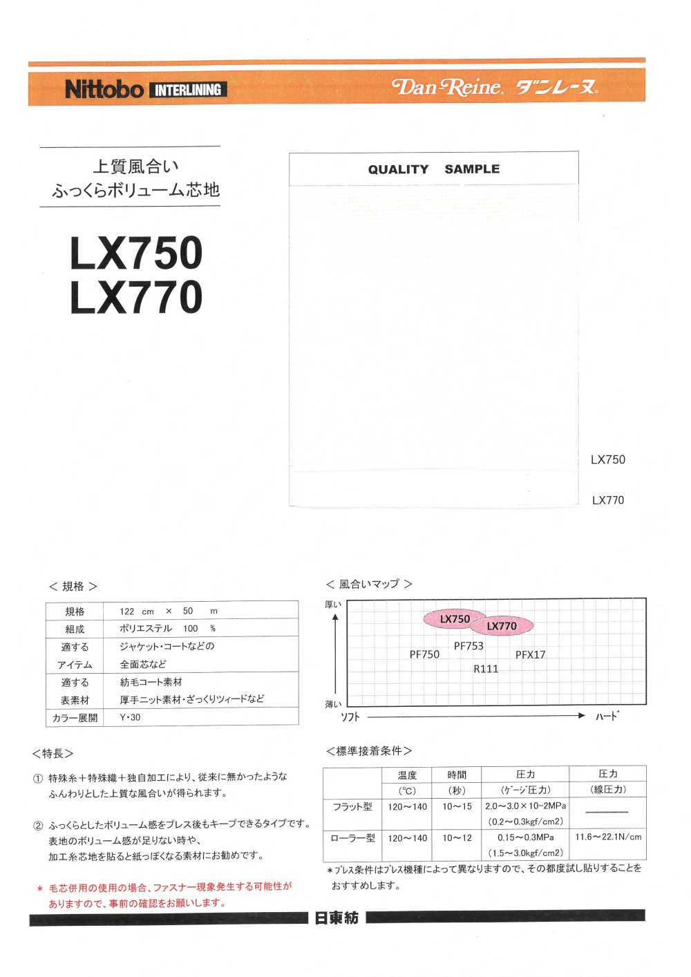 LX750 接着芯 上質風合い ふっくらボリューム芯地 日東紡インターライニング