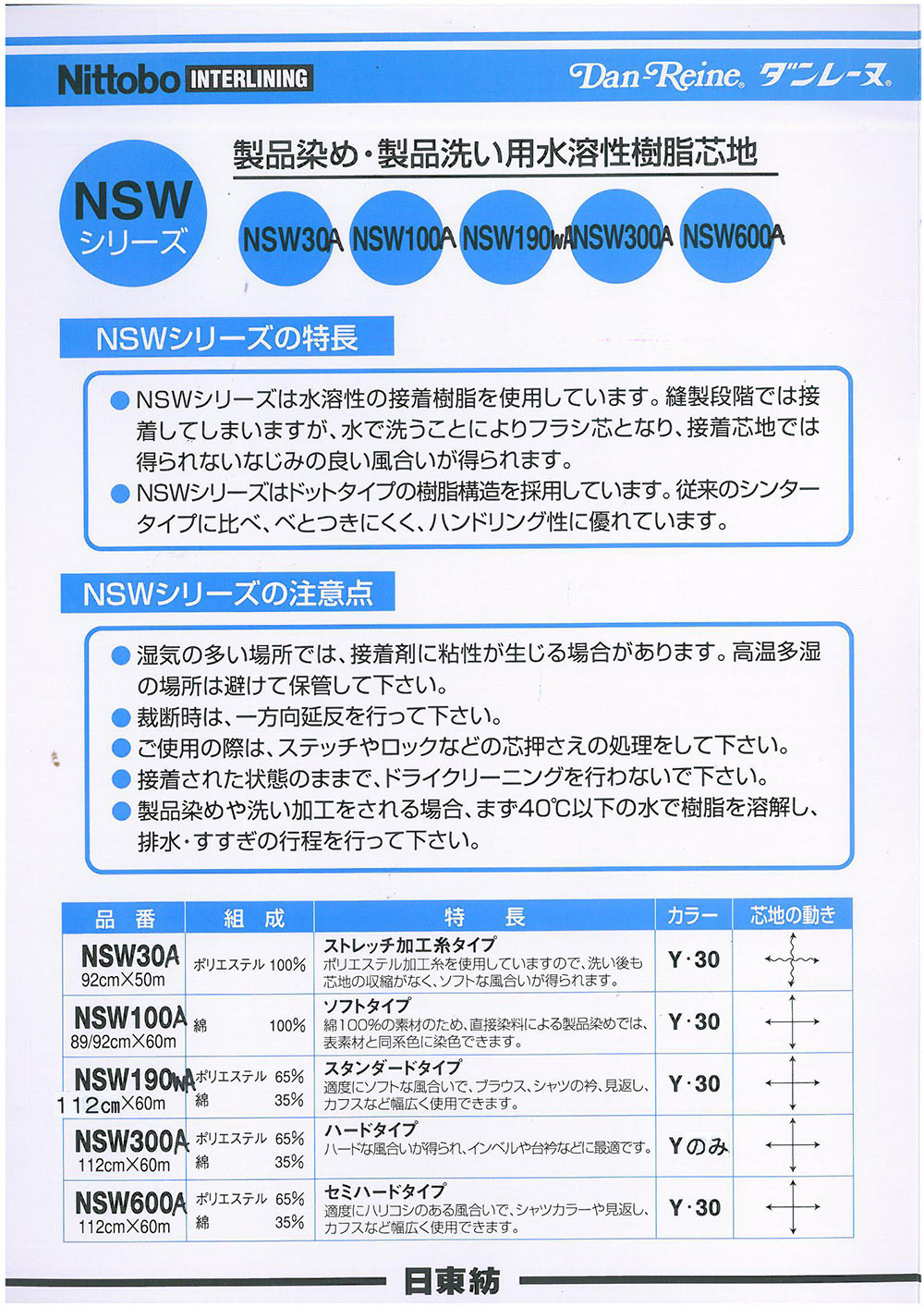 NSW100 製品染め・製品洗い用水溶性樹脂芯地 ソフトタイプ 40/ 日東紡インターライニング/オークラ商事 ApparelX  アパレル資材卸通販・仕入れ