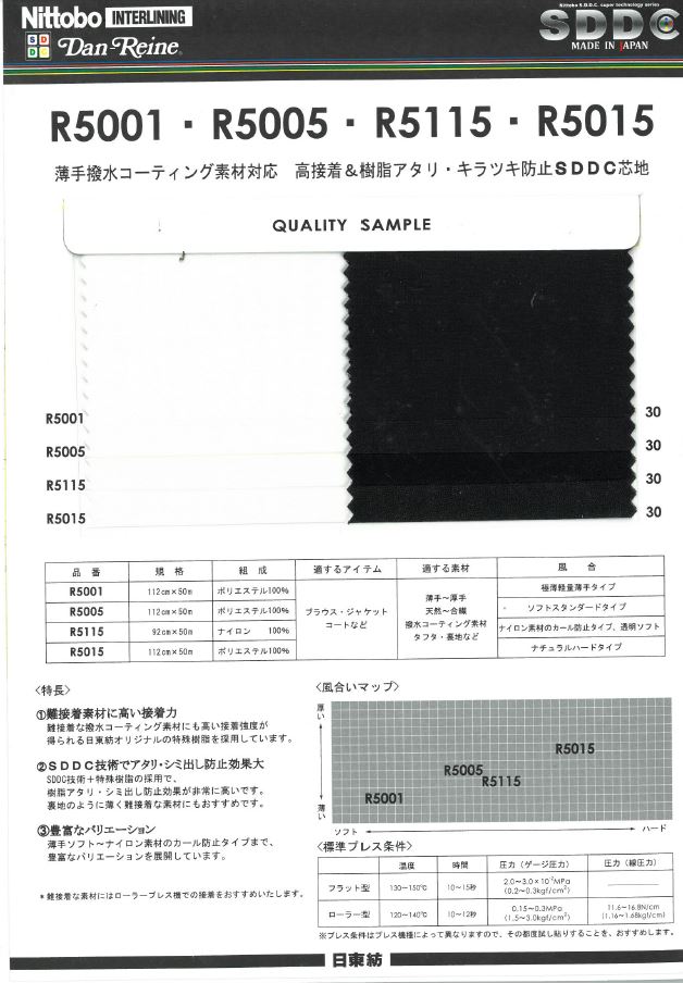 R5005 ダンレーヌ 薄手撥水コーティング素材対応 高接着&樹脂アタリ・キラツキ防止SDDC芯地 20D 日東紡アドバンテックス