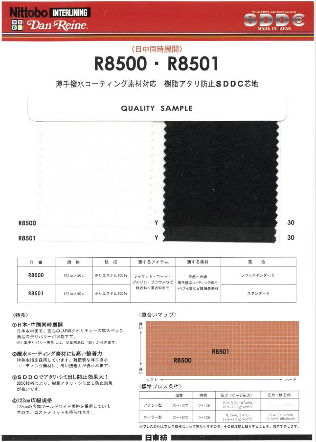 R8501 ダンレーヌ 薄手撥水コーティング素材対応 樹脂アタリ防止SDDC芯地 スタンダード 日東紡アドバンテックス