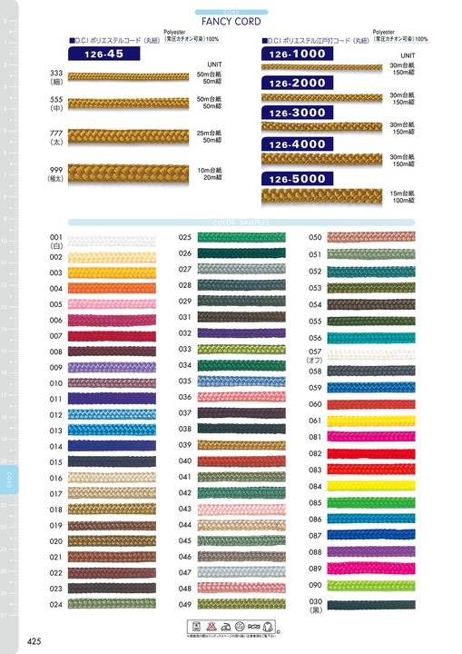 126-2000 D.C.I ポリエステル江戸打コード(丸紐) 約3mm[リボン・テープ・コード] DARIN(ダリン)