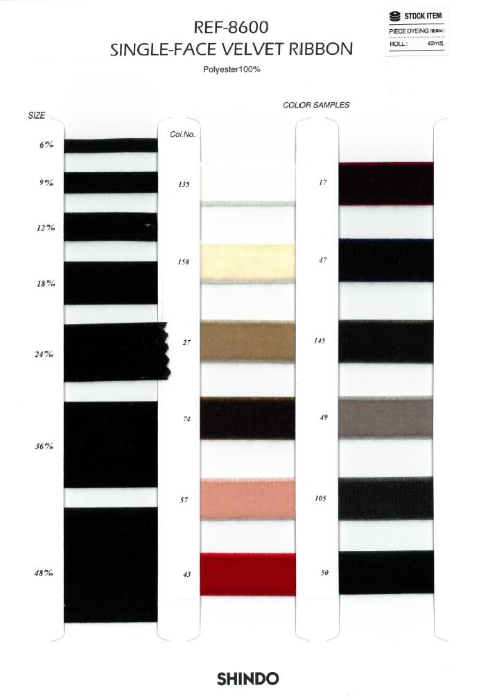 REF-8600 片面ベルベットリボン[リボン・テープ・コード] SHINDO(SIC)