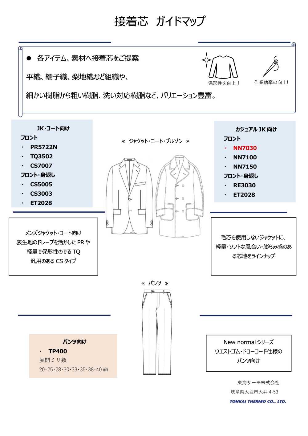 NN7030 サーモフィックス®【New normal】NNシリーズ ジャケット・ブルゾン向け接着芯[芯地] 東海サーモ(Thermo)