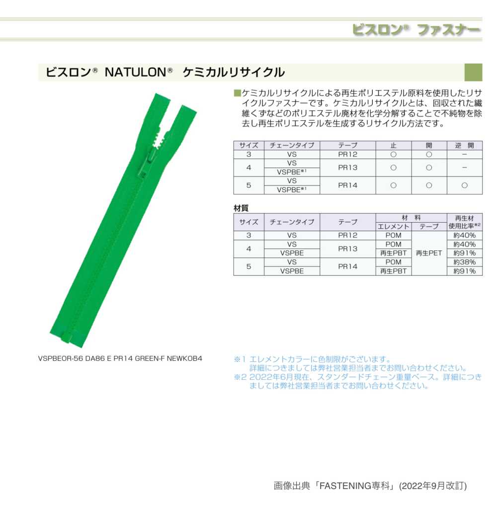 4VSPBEOR-PR13 ビスロン&#174; NATULON&#174; リサイクルファスナー 4サイズ オープン YKK