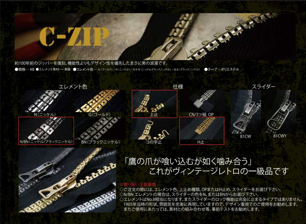 CZIP-8-N/BN-E-C C-ZIP ビンテージファスナー ニッケル/ブラックニッケル 8サイズ ポリエステルテープ 止 朝日ファスナー