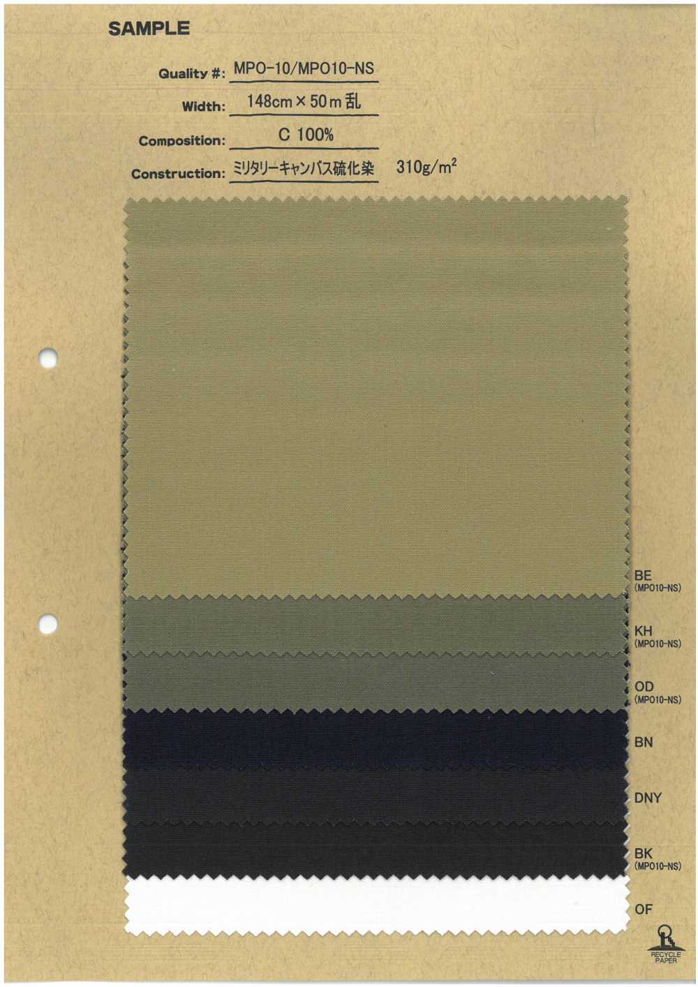MPO-10 ミリタリーキャンバス硫化染[生地] ノンネーム