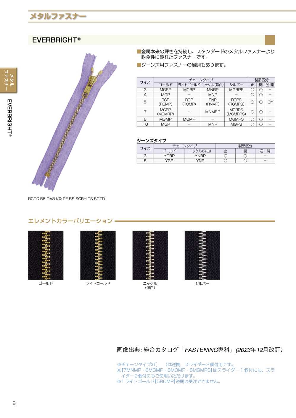 3MNRPC EVERBRIGHT&#174; ファスナー 3サイズ 洋白 止 YKK