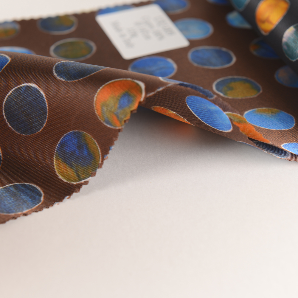 URJ-009 イタリア製 キュプラ100%プリント裏地 ドット柄ベース色ブラウン TCS